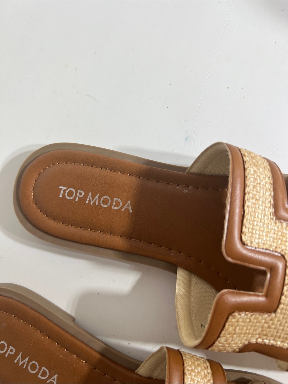 TOP Moda Tan and Beige Raffia-Trim Slide Mules - Picture 2 of 5